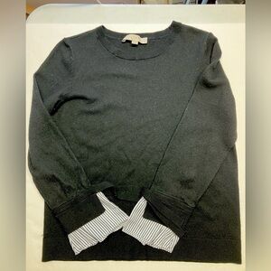 LOFT Women’s Pullover Sweater, Size M, Black with Striped Cuffs